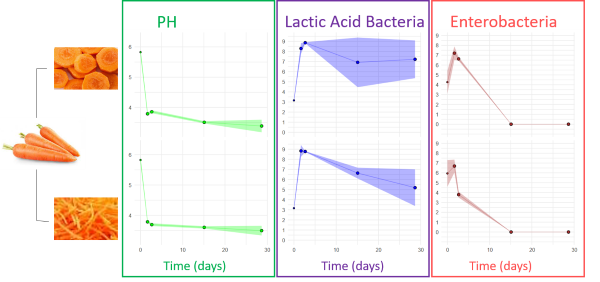 Graphe représentant les populations bactériennes et le pH dans des carottes fermentées